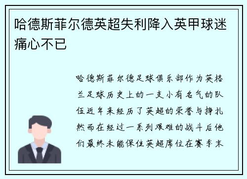 哈德斯菲尔德英超失利降入英甲球迷痛心不已